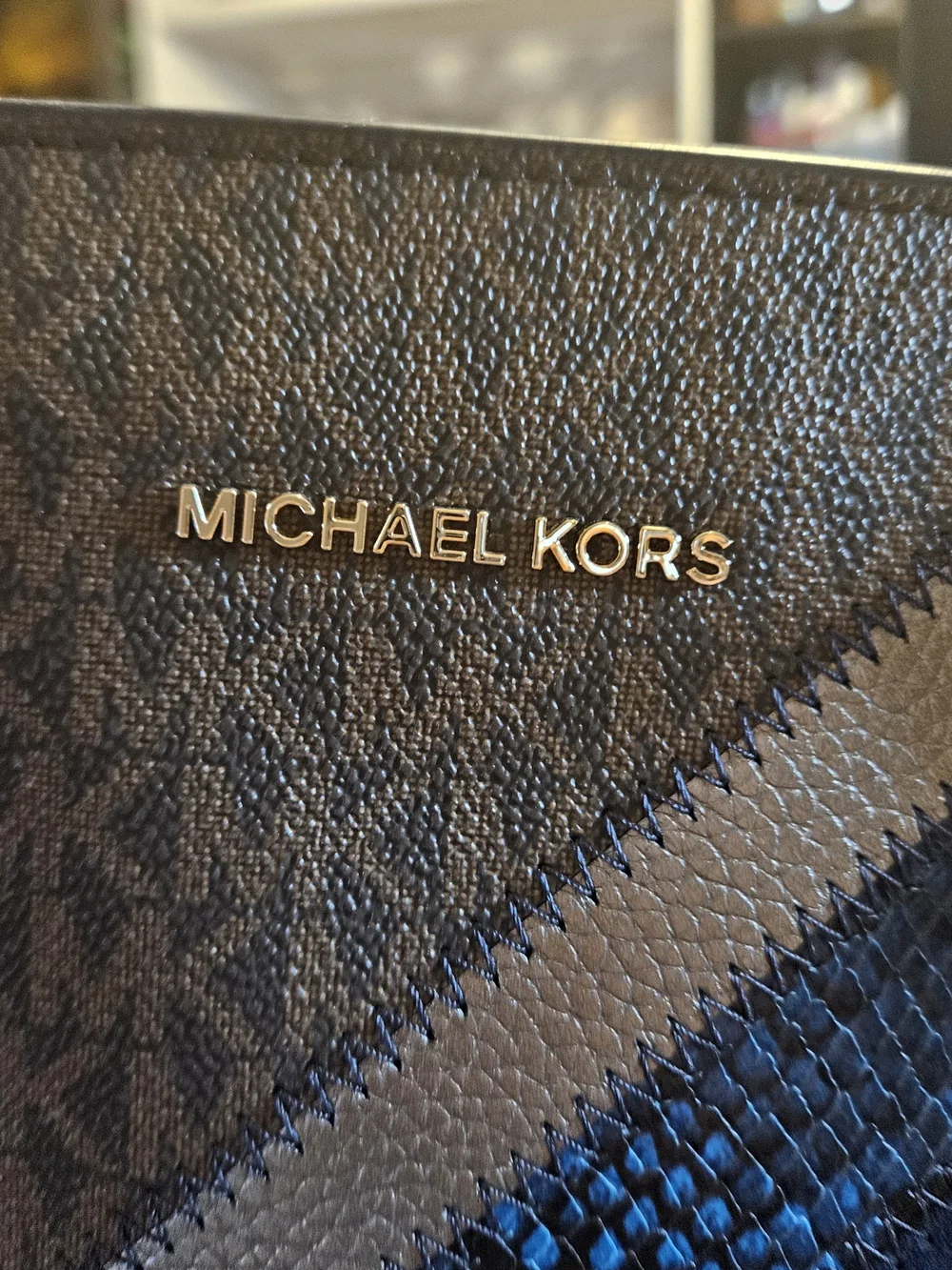 Michael Kors Blue and Brown Signature Tote with Snake-Print Accent And Wallet